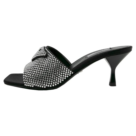 Prada Black Satin Crystal Studded Triangle Logo Slip On Sandal Mules Heels - Picture 2 of 11